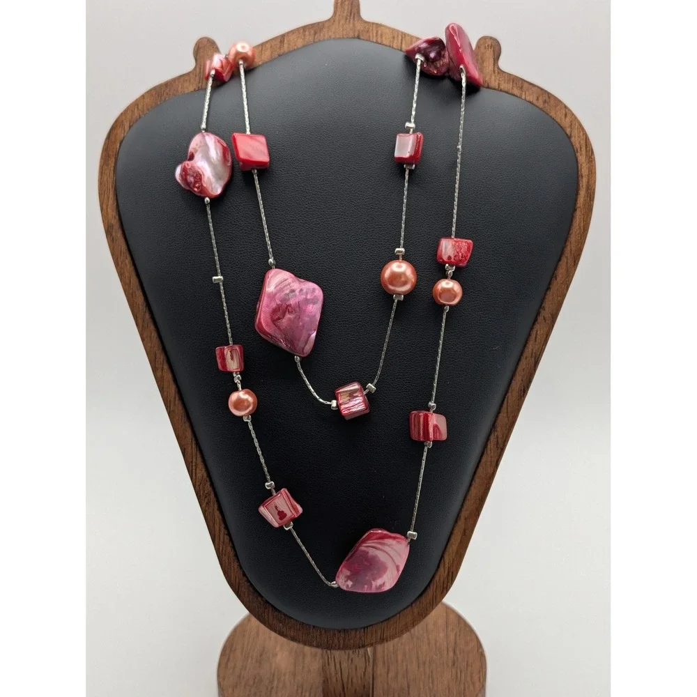Unsigned Pink Mother of Pearl Shell Multi Strand Necklace and Earring Set Boho